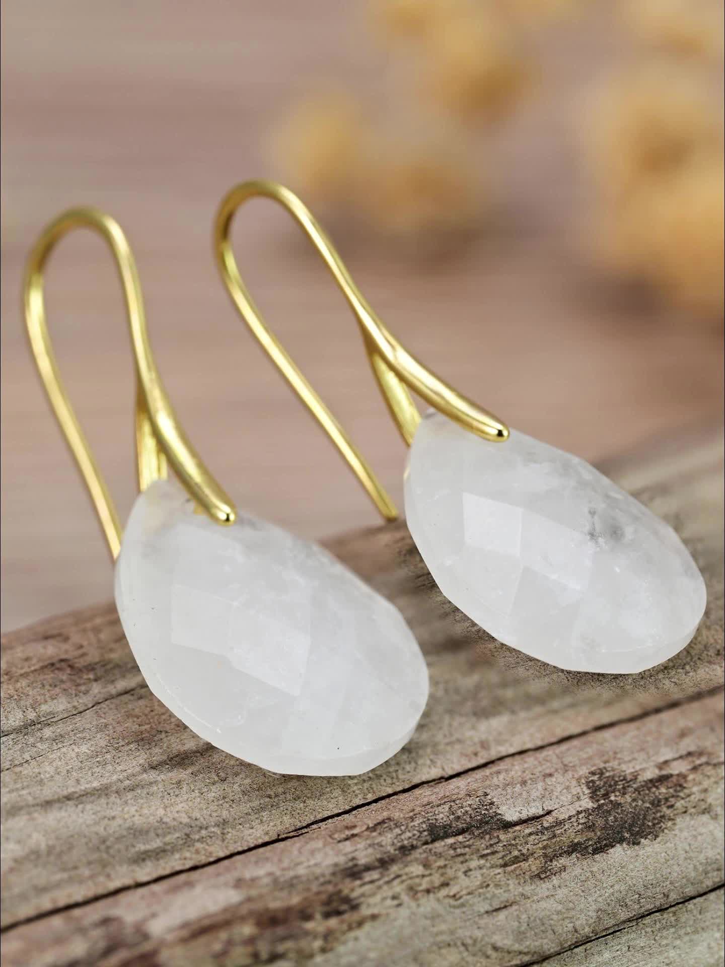 Bohemian 3D Faceted Clear Quartz Teardrop Earrings